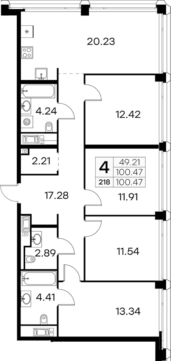 4-комнатная квартира 100.47 м², 18/19 эт., ЖК «GloraX Aura Vasileostrovsky»